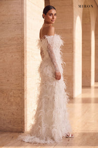 White Feather Off-Shoulder Gown – worn by model, travertine setting