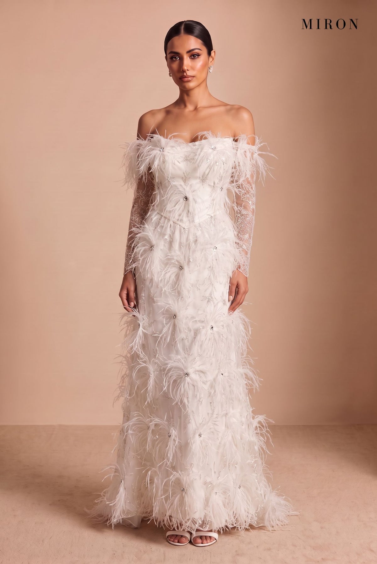 White Feather Off-Shoulder Gown – studio, front