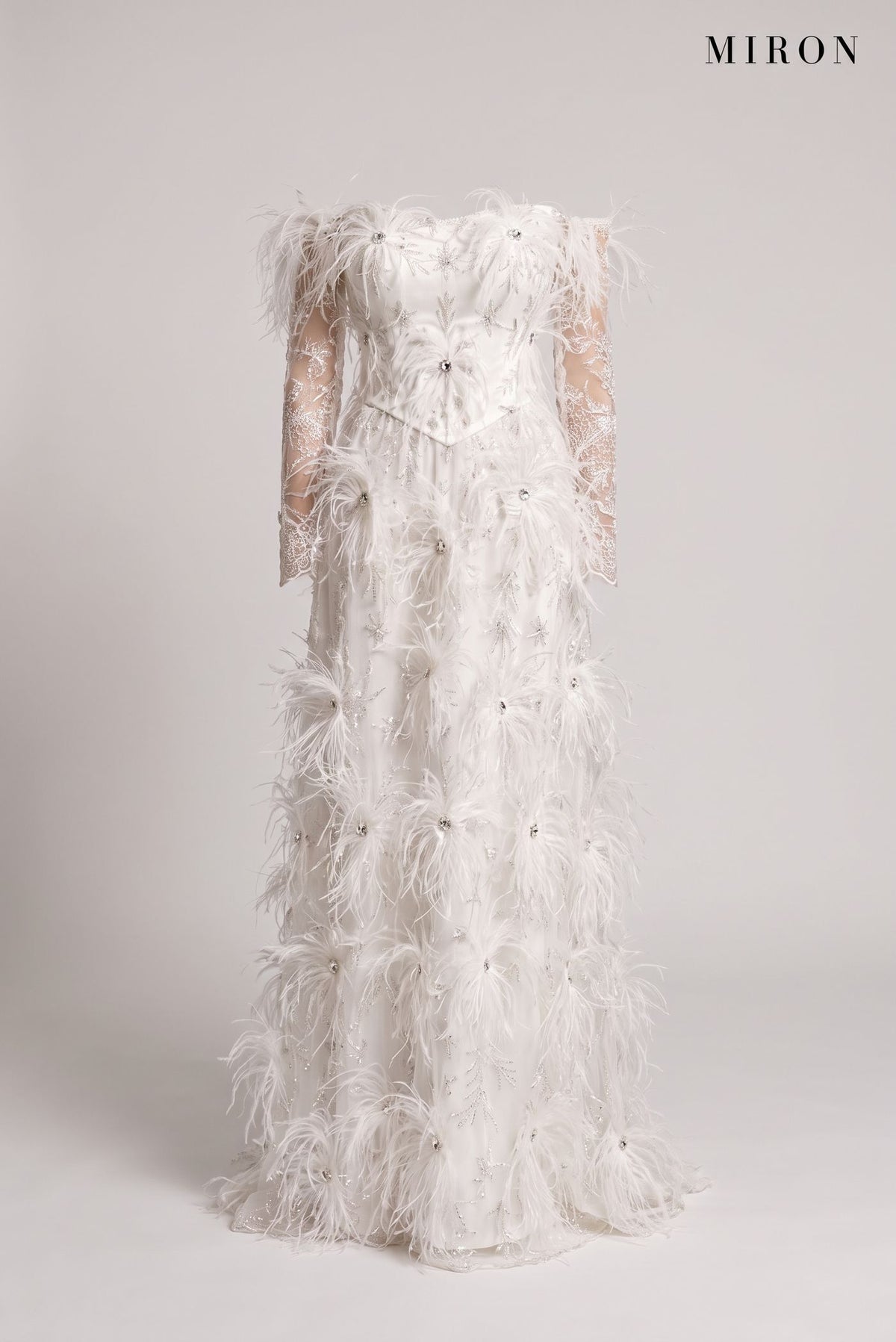 White Feather Off-Shoulder Gown – front view
