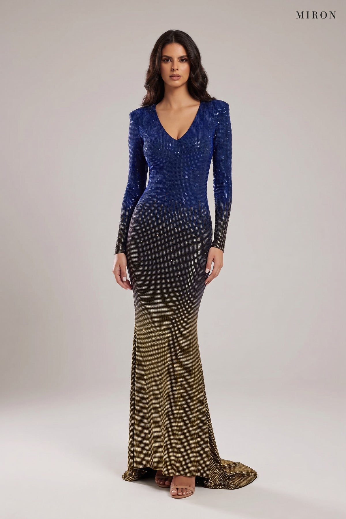 Miron Multicolor Blue & Gold Crystal Embellished Dress ED-MLT-002 – studio front view