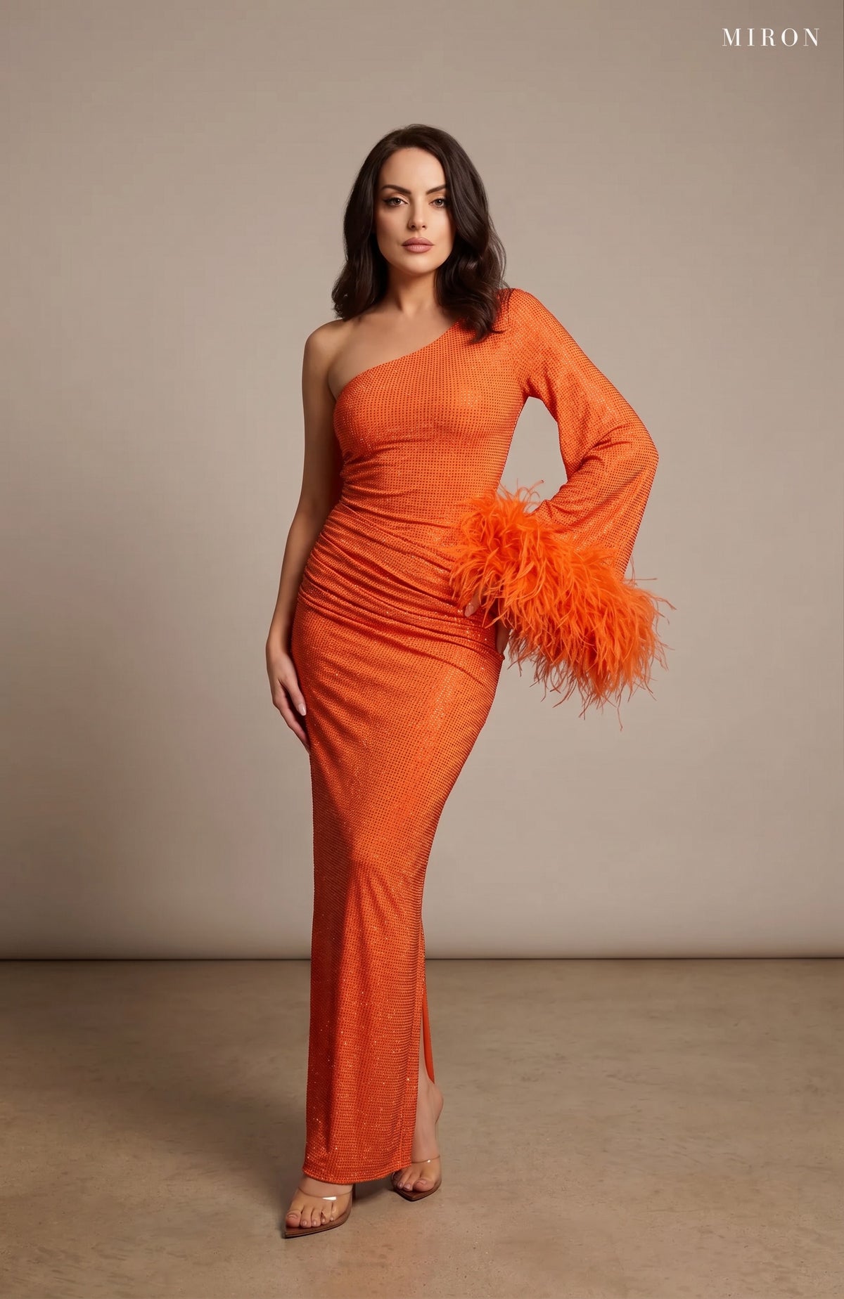 Orange Crystal Embellished Dress With Feather