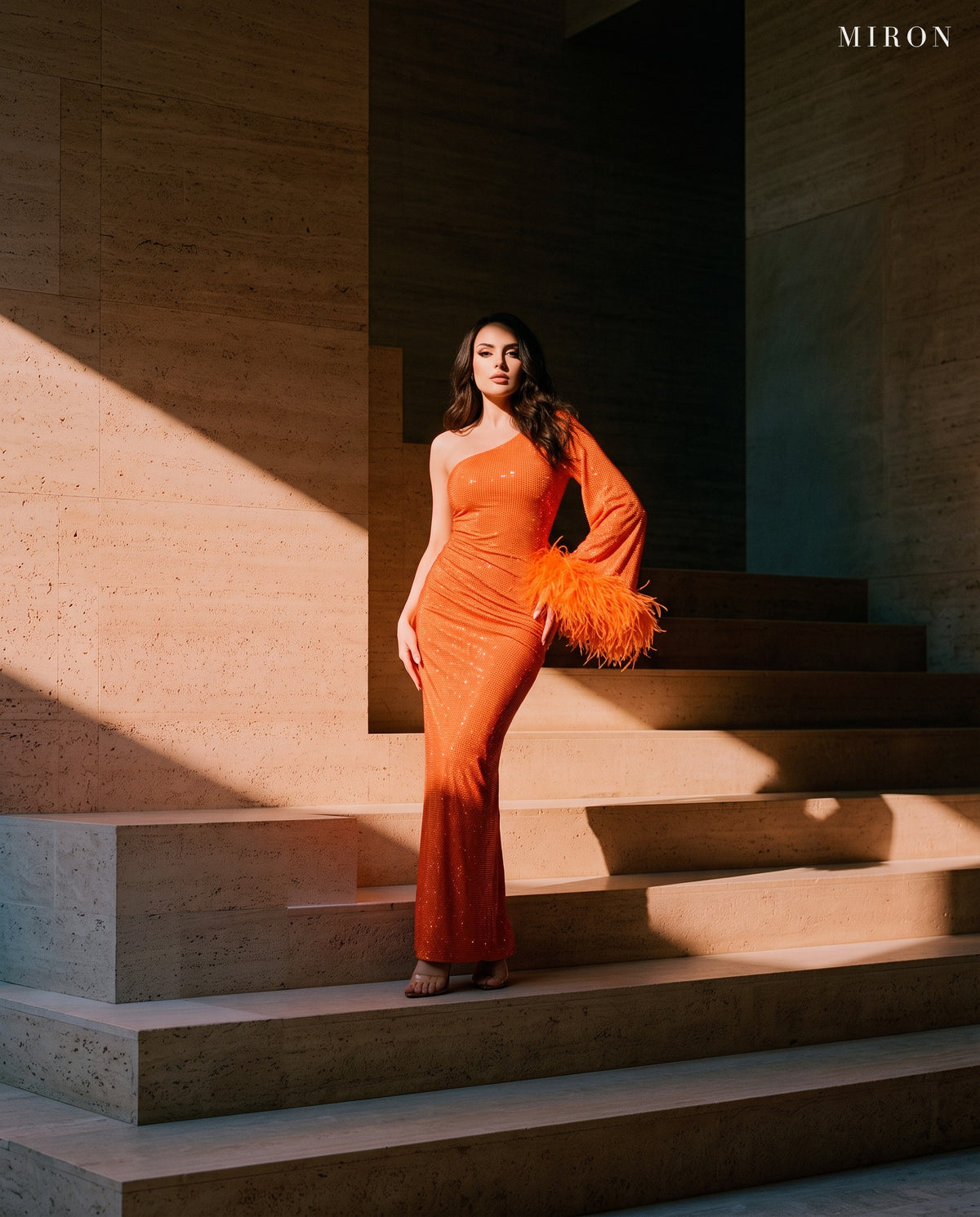 Miron Orange Crystal Embellished Dress With Feather ED-ORG-053 – sunlit stone steps
