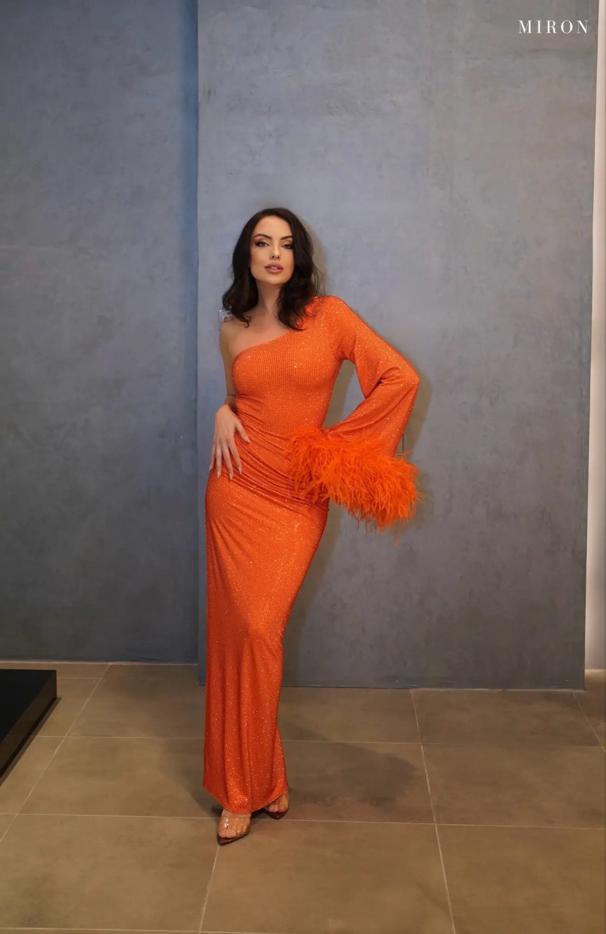 Miron Orange Crystal Embellished Dress With Feather ED-ORG-053 – original photo
