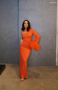 Miron Orange Crystal Embellished Dress With Feather ED-ORG-053 – original photo