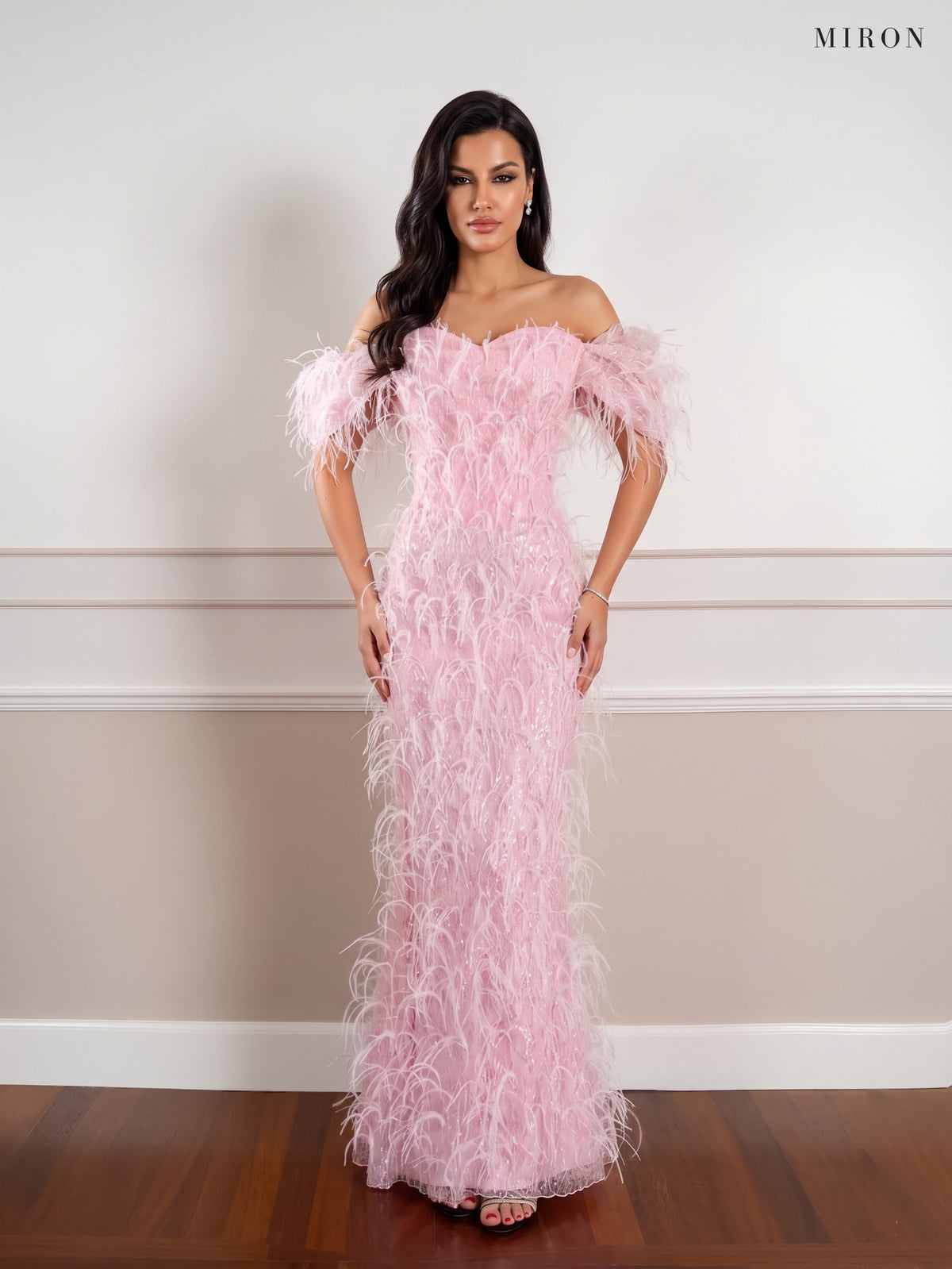 Pink Off-Shoulder Beaded Dress W/Feather