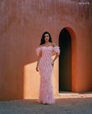 Miron Pink Off-Shoulder Beaded Dress With Feather ED-PNK-055 – terracotta arch