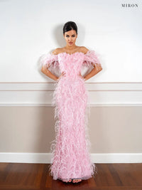 Miron Pink Off-Shoulder Beaded Dress With Feather ED-PNK-055 – original photo