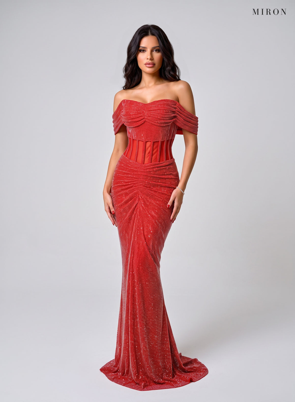 Miron Off Shoulder Crystallised Dress ED-RED-034 – studio front view