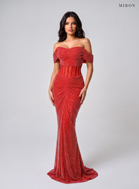 Miron Off Shoulder Crystallised Dress ED-RED-034 – studio front view