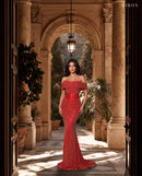 Miron Off Shoulder Crystallised Dress ED-RED-034 – Rome palazzo arch