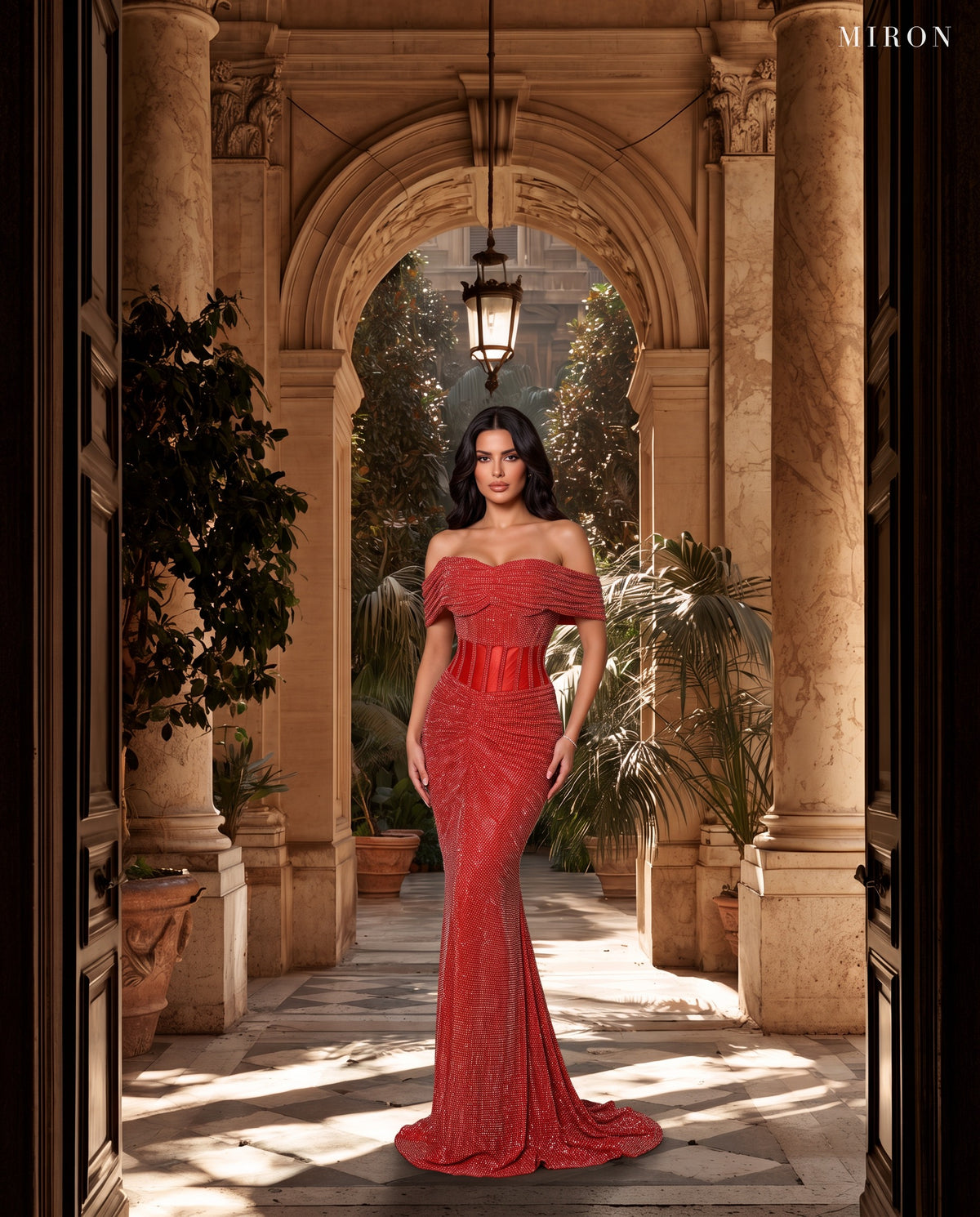 Miron Off Shoulder Crystallised Dress ED-RED-034 – Rome palazzo arch