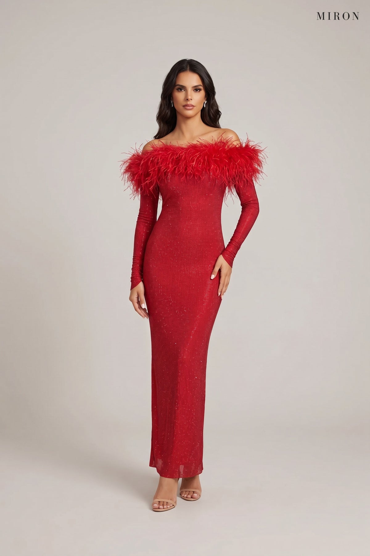 Red Crystal Embellished Dress W/Feather