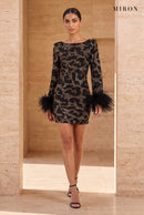 Tiger Crystal Feather-Cuff Mini Dress – worn by model, travertine setting