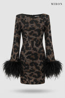 Tiger Crystal Feather-Cuff Mini Dress – front view