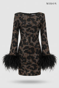 Tiger Crystal Feather-Cuff Mini Dress – front view