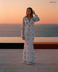 Miron White Long Dress ED-WHT-083 - pool terrace at dusk