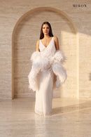 White Crystal Slip Gown & Feather Cape – worn by model, travertine setting