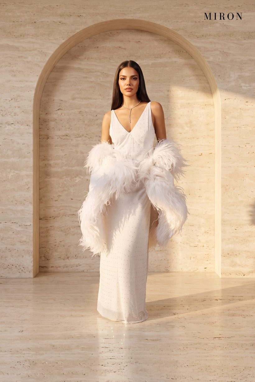 White Crystal Slip Gown & Feather Cape