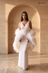 White Crystal Slip Gown & Feather Cape – worn by model, travertine setting