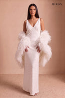 White Crystal Slip Gown & Feather Cape – studio, front