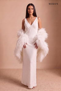 White Crystal Slip Gown & Feather Cape – studio, front