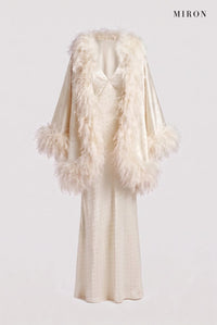 White Crystal Slip Gown & Feather Cape – front view