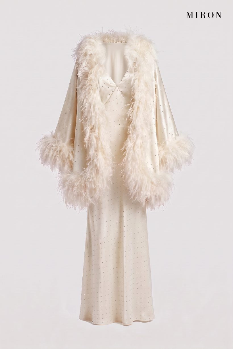 White Crystal Slip Gown & Feather Cape – front view