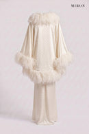White Crystal Slip Gown & Feather Cape – back view
