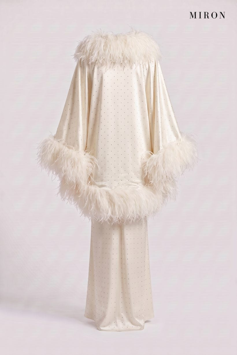 White Crystal Slip Gown & Feather Cape – back view