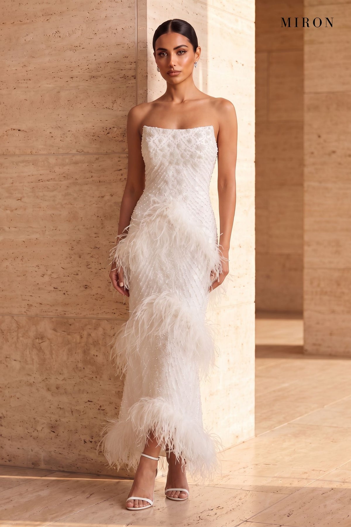 White Feather Strapless Gown – worn by model, travertine setting