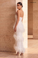 White Feather Strapless Gown – worn by model, travertine setting