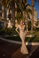Beige Crystal Embellished Gown.