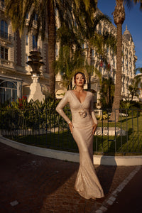 Beige Crystal Embellished Gown.