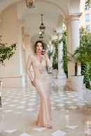 Beige Crystal Embellished Gown.