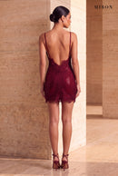 Burgundy Crystal Lace Slip Mini – worn by model, back, travertine setting