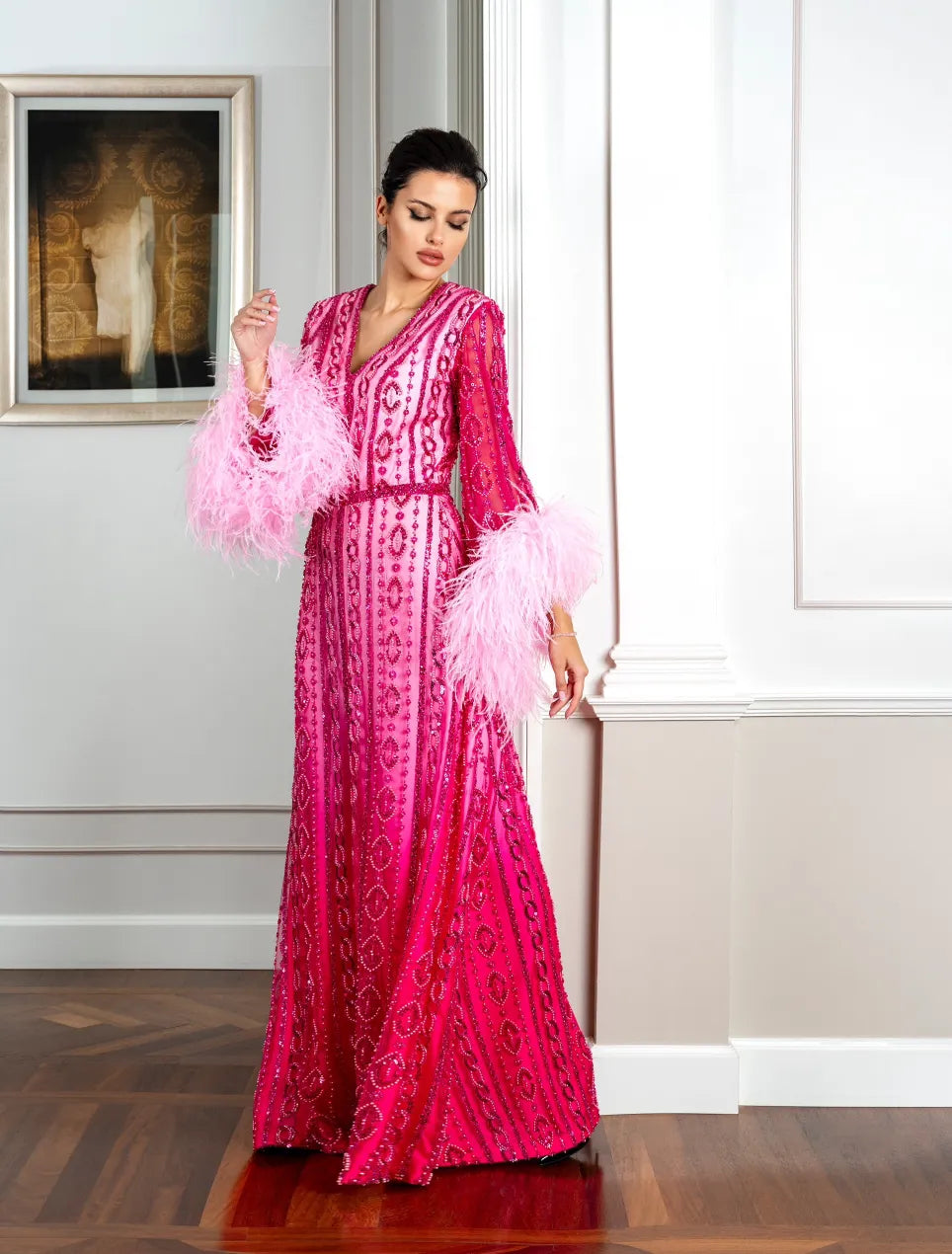 Pink Beaded Dress W/Feather