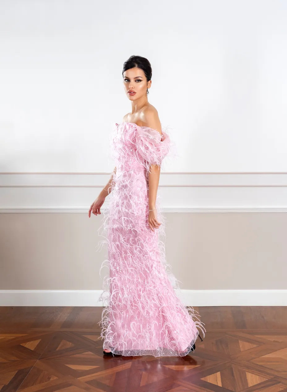 Pink Off-Shoulder Beaded Dress W/Feather Pink Off-Shoulder Beaded Dress W/Feather