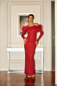 Red Crystal Embellished Dress W/Feather