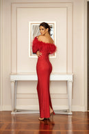 Red Crystal Embellished Dress W/Feather