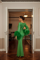 Green Crystal Embellished Dress W/Feathers