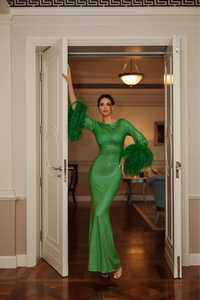 Green Crystal Embellished Dress W/Feathers