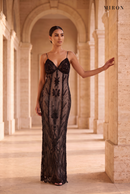 Black Crystal Tulle Long Dress – worn by model, travertine setting