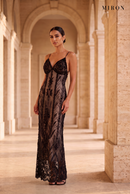 Black Crystal Tulle Long Dress – worn by model, travertine setting