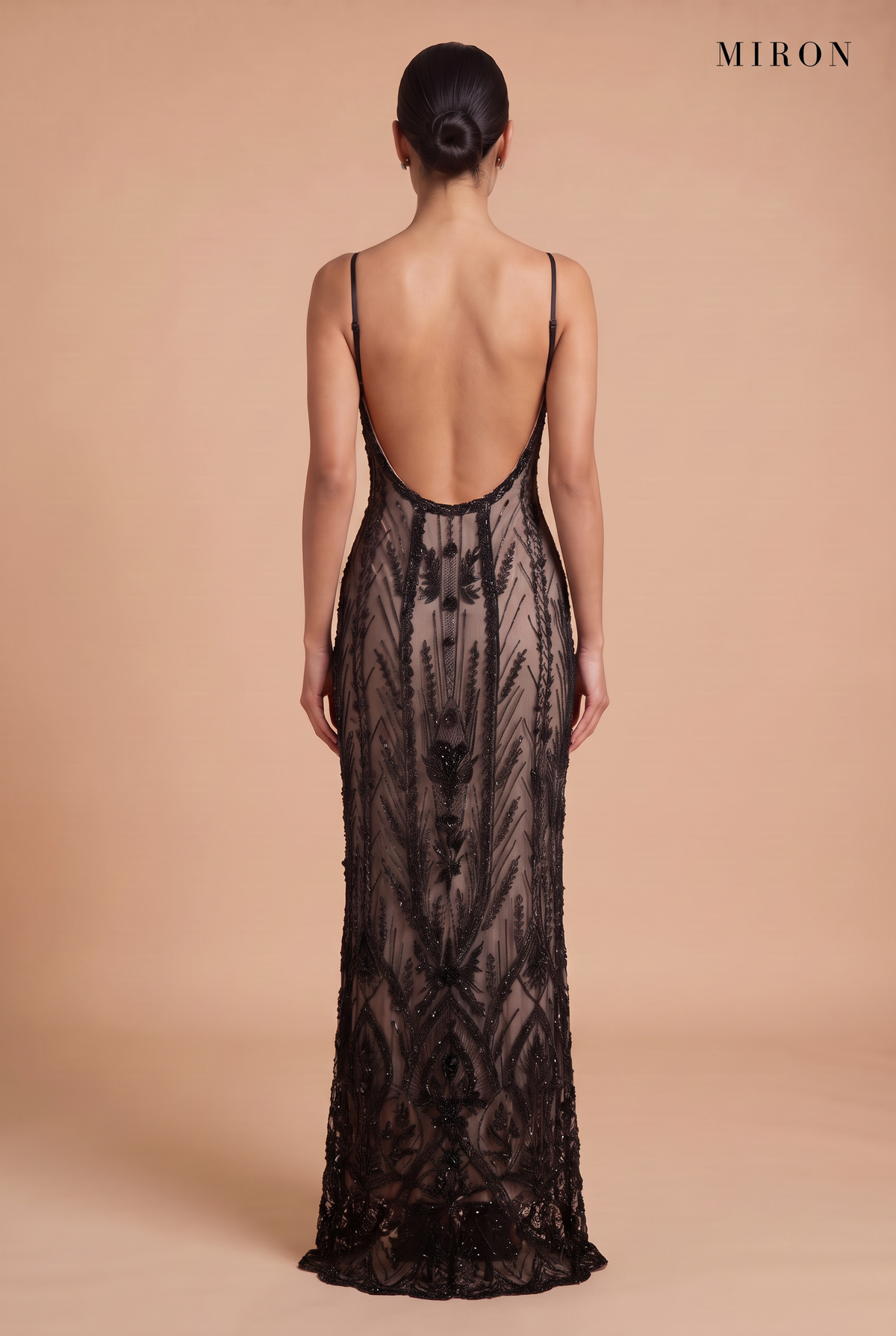 Black Crystal Tulle Long Dress – studio, back (low open back)